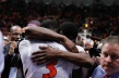 Illinois' Brandon Paul (3), front, and D.J. Richardson (1) share a hug while celebrating the upset-win over No. 1 Indiana at the Assembly Hall on Thursday, Feb. 7, 2013. (Daryl Quitalig/Midway Madness)